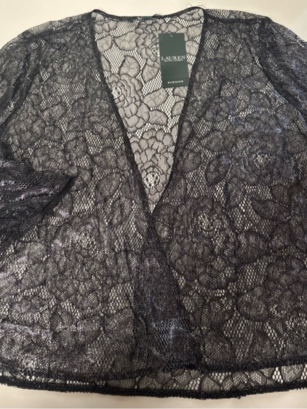 Lauren Ralph Lauren Lace Overlay Women's Flared Sleeve Open Top; Black, L